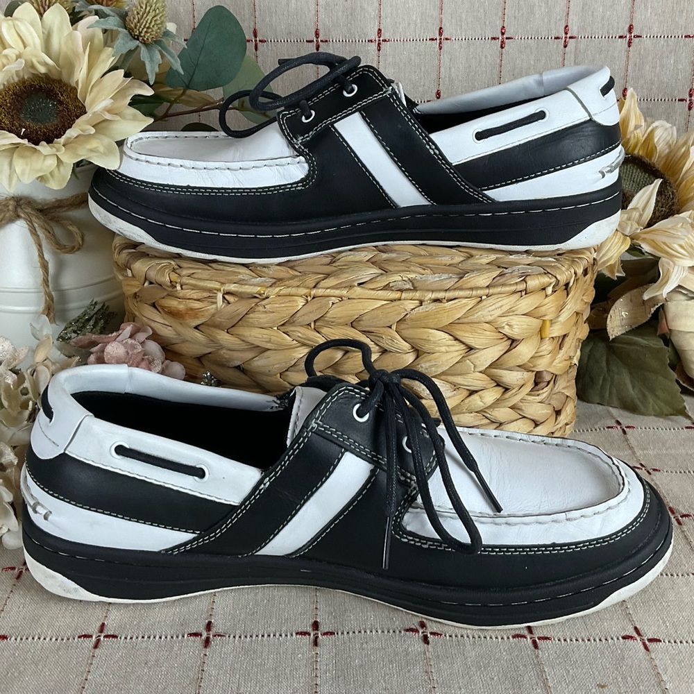 Timberland Boat Shoes Mens Size 11.5 Black & White Leather Deck Shoes PreLoved - Picture 2 of 5